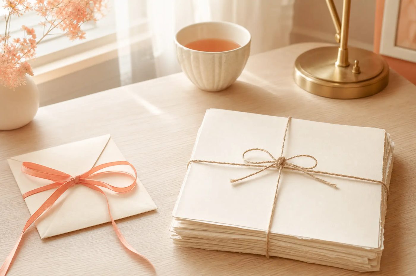 Manuscript pages tied with twine beside a cream envelope with a coral ribbon on a pale desk