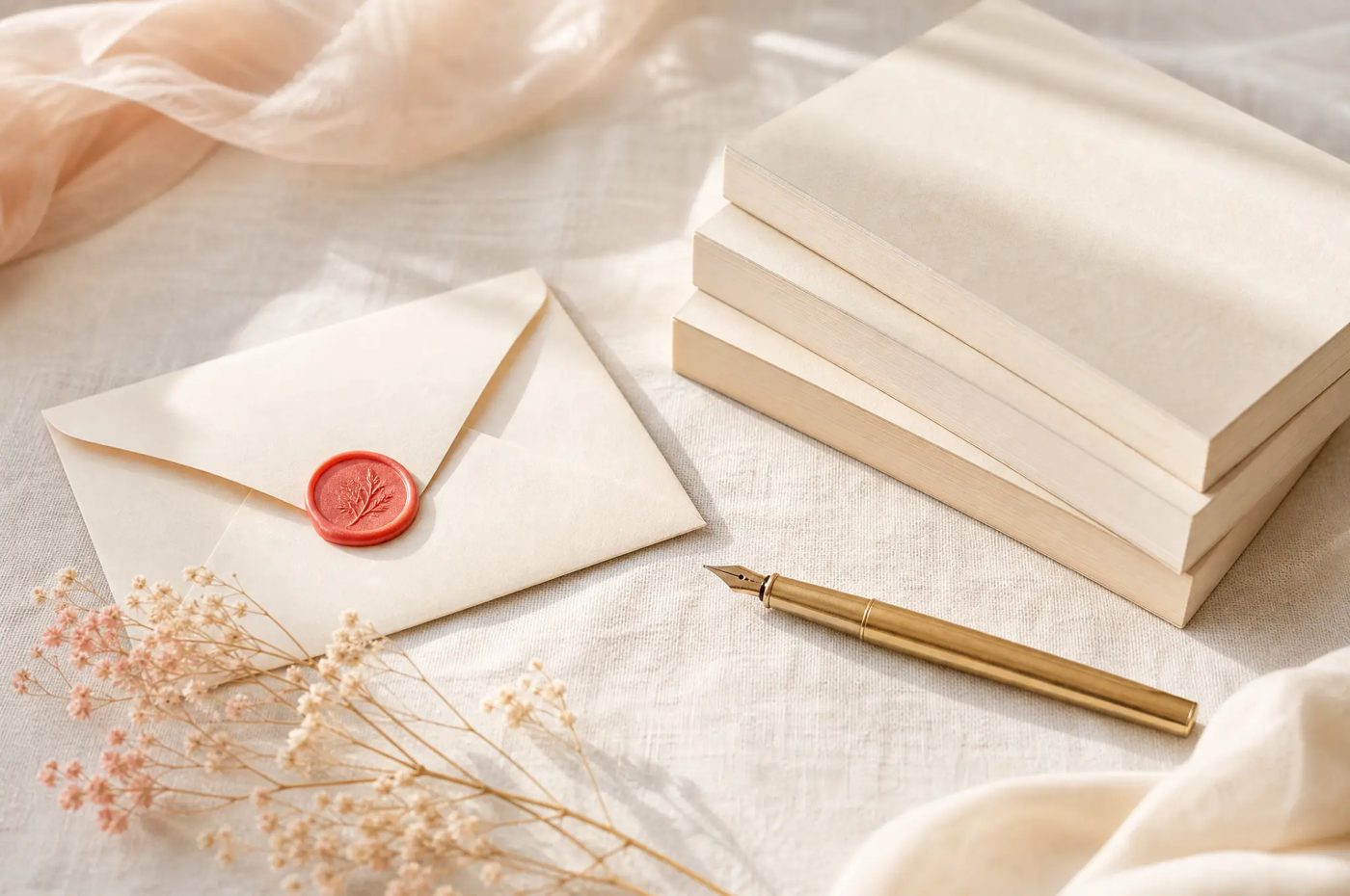 A cream envelope with a coral wax seal, a brass pen and a stack of paperbacks on linen