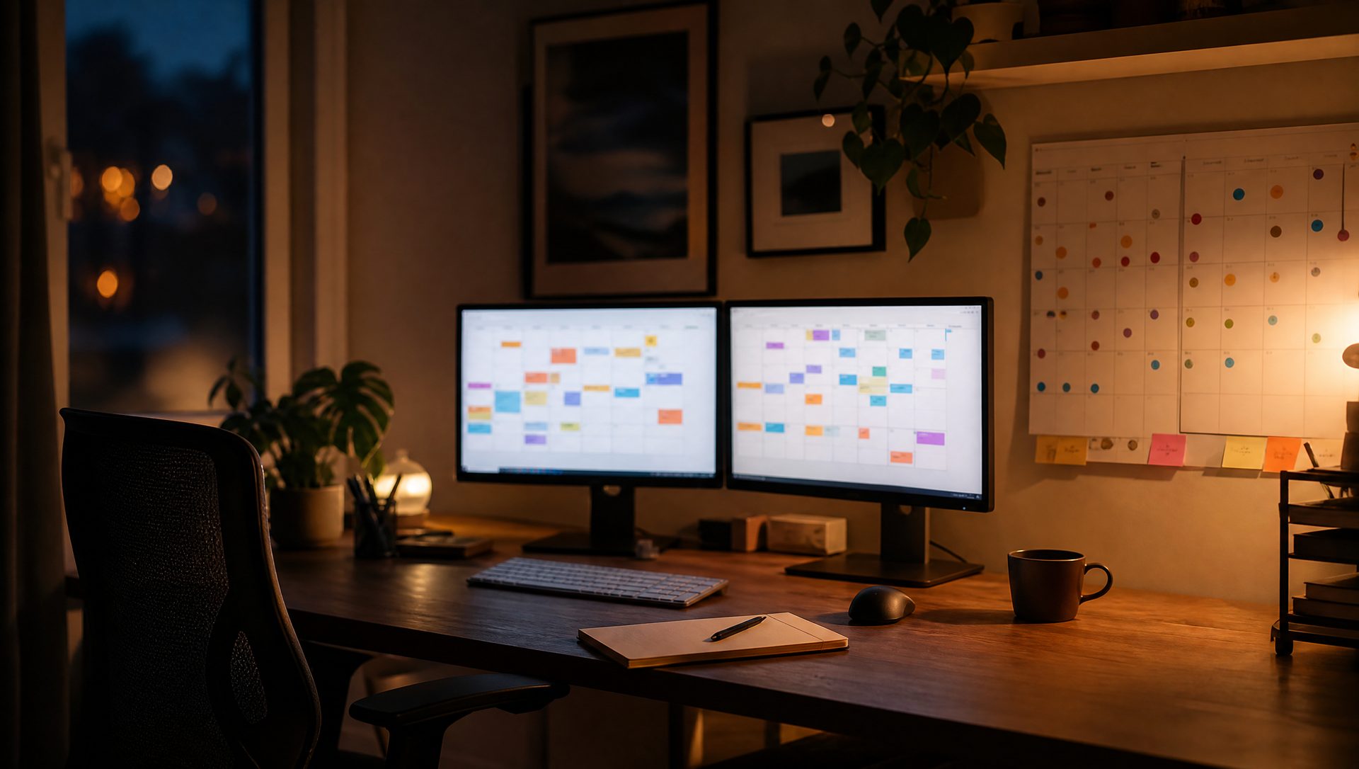 A softly lit desk with two monitors showing blurred calendar-grid layouts and a color-dot wall calendar, evening ambience