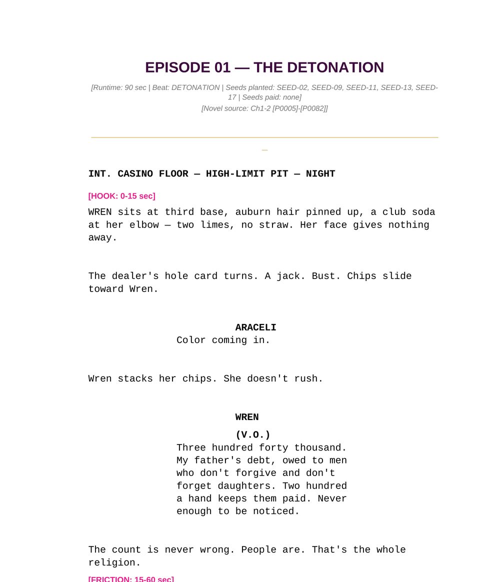 Page one of the real script for Episode 1 of The Marker, &ldquo;The Detonation&rdquo;, screenplay-formatted with scene heading, action lines and dialogue